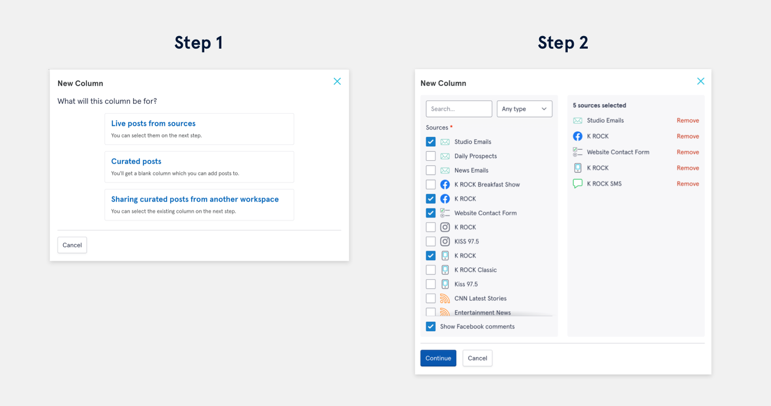 A new look for adding a new column and selecting the sources.