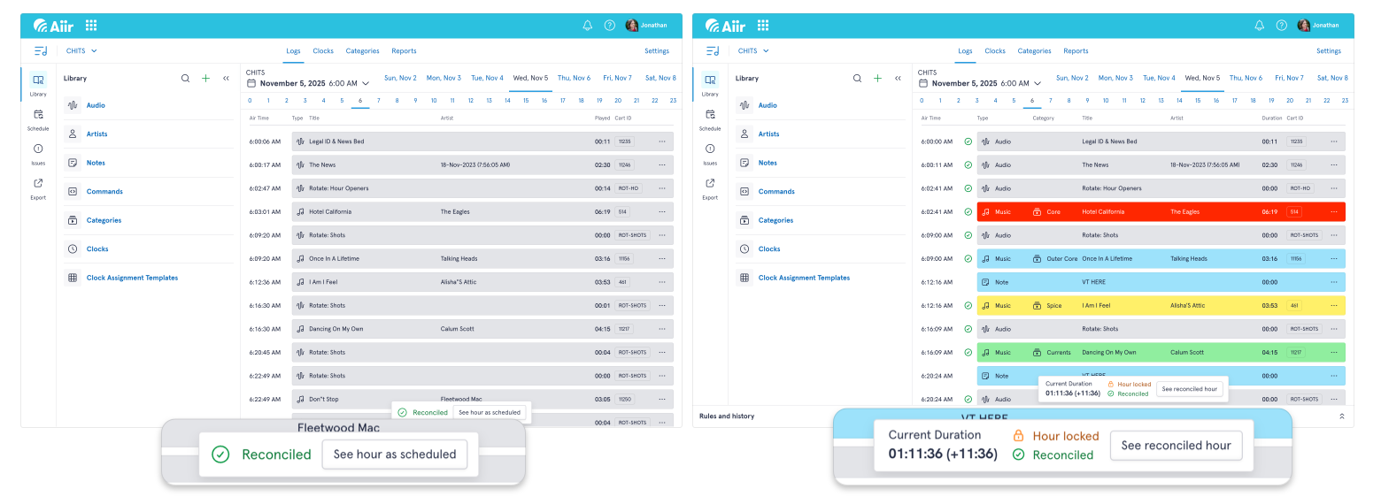Change between your played hour and scheduled hour - see what was played, and what was dropped.