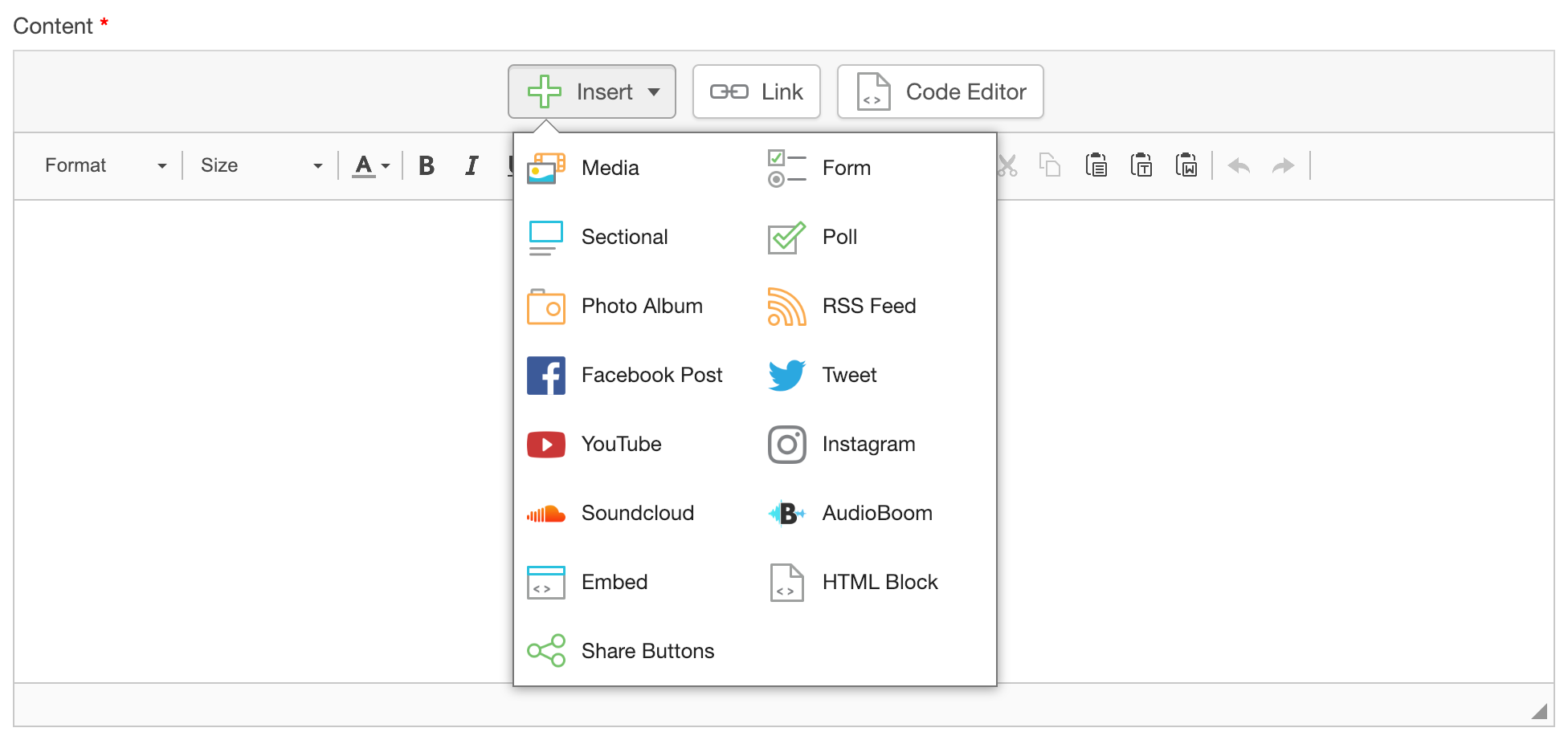 You can now insert Aiir components, 3rd party embeds or HTML blocks into any piece of content.