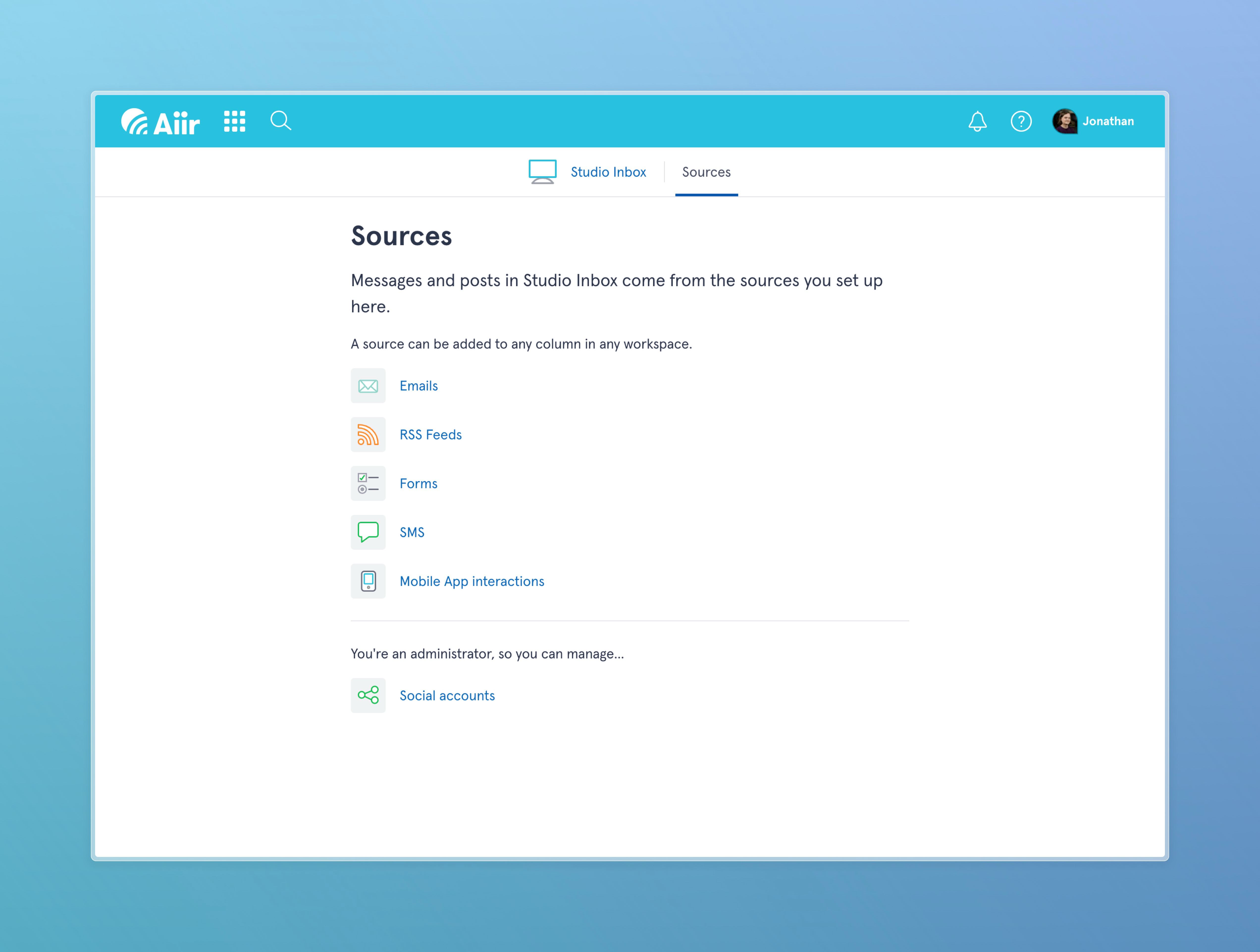 The new Sources page in Studio Inbox.