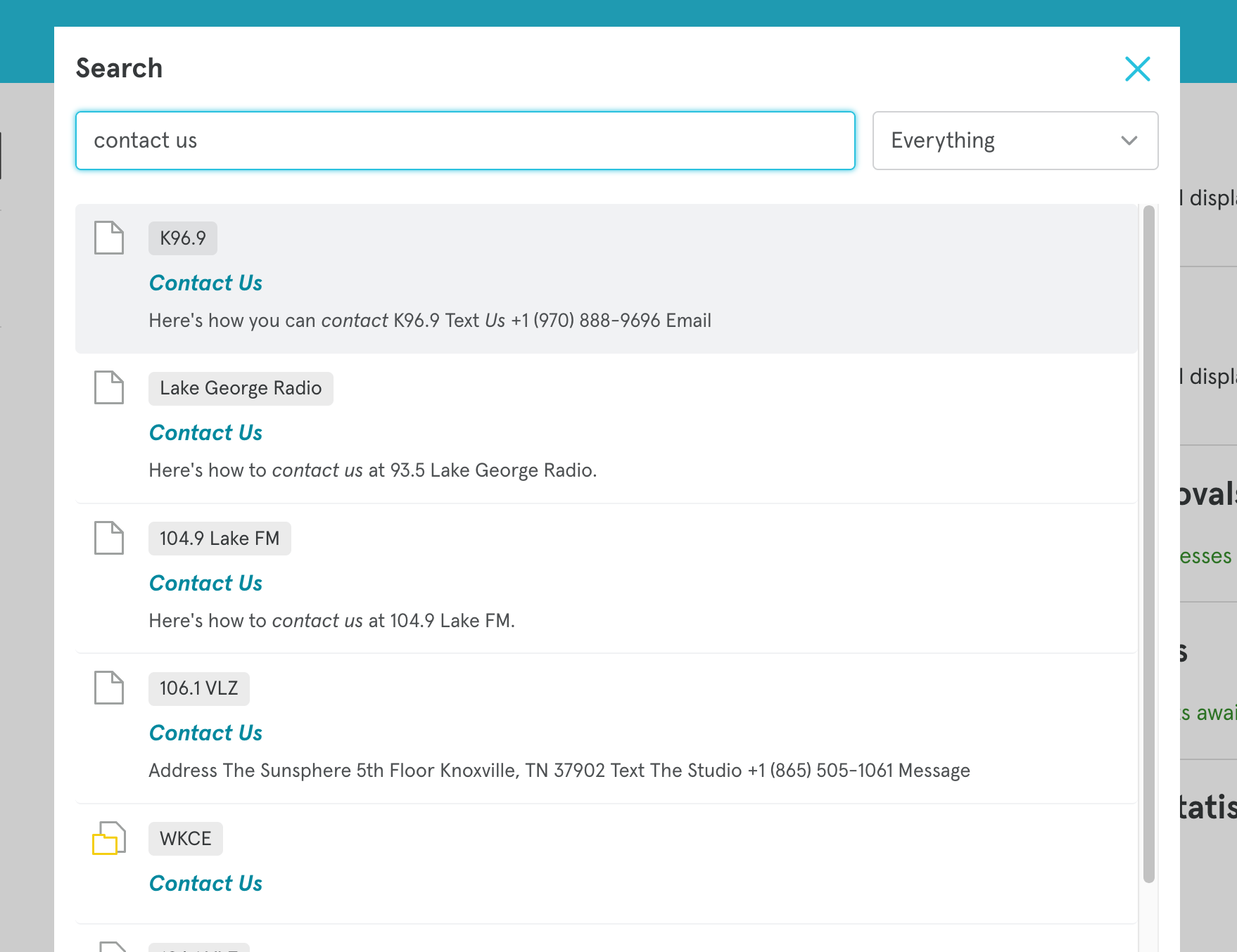 Example search results