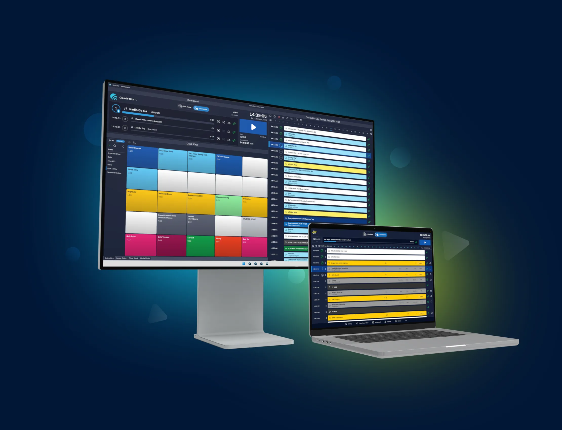 Teaser graphic showing PlayoutONE and WebVT on a PC and laptop