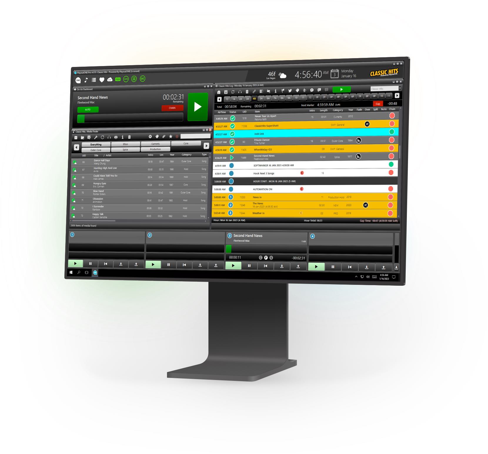 PlayoutONE Automation system running on a monitor