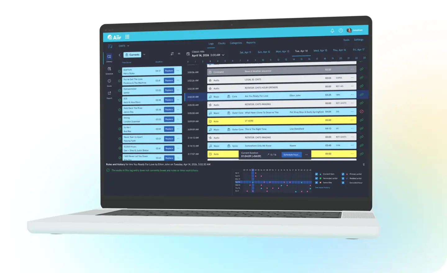 Screenshot of the Aiir Music Scheduler shown on a laptop