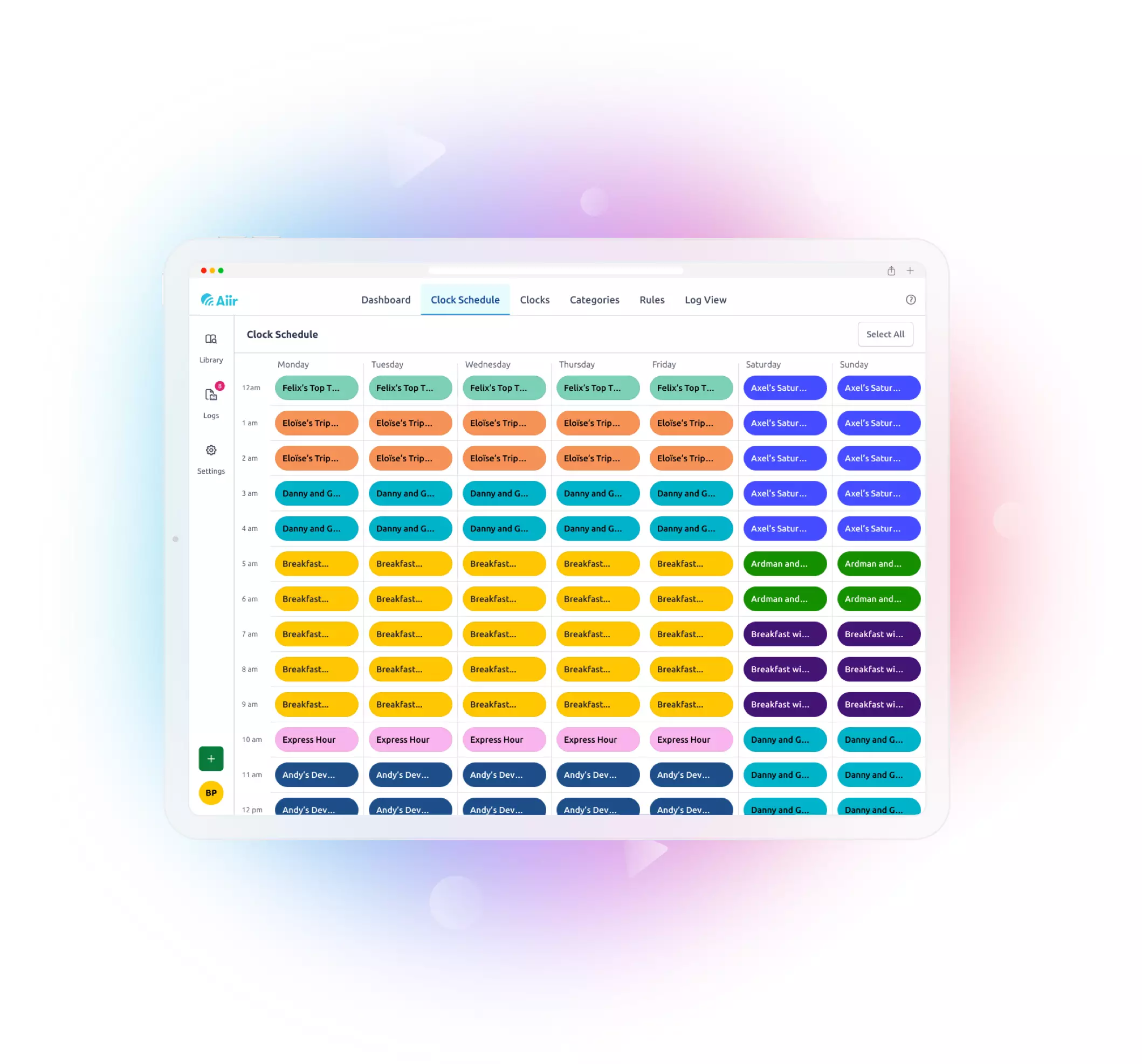 Screenshot of the Aiir Music Scheduler shown on an iPad