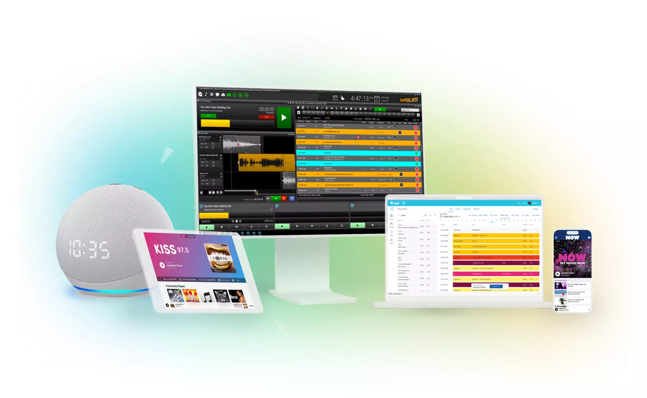 Artwork of an PlayoutONE, Scheduler, mobile app and an Alexa device
