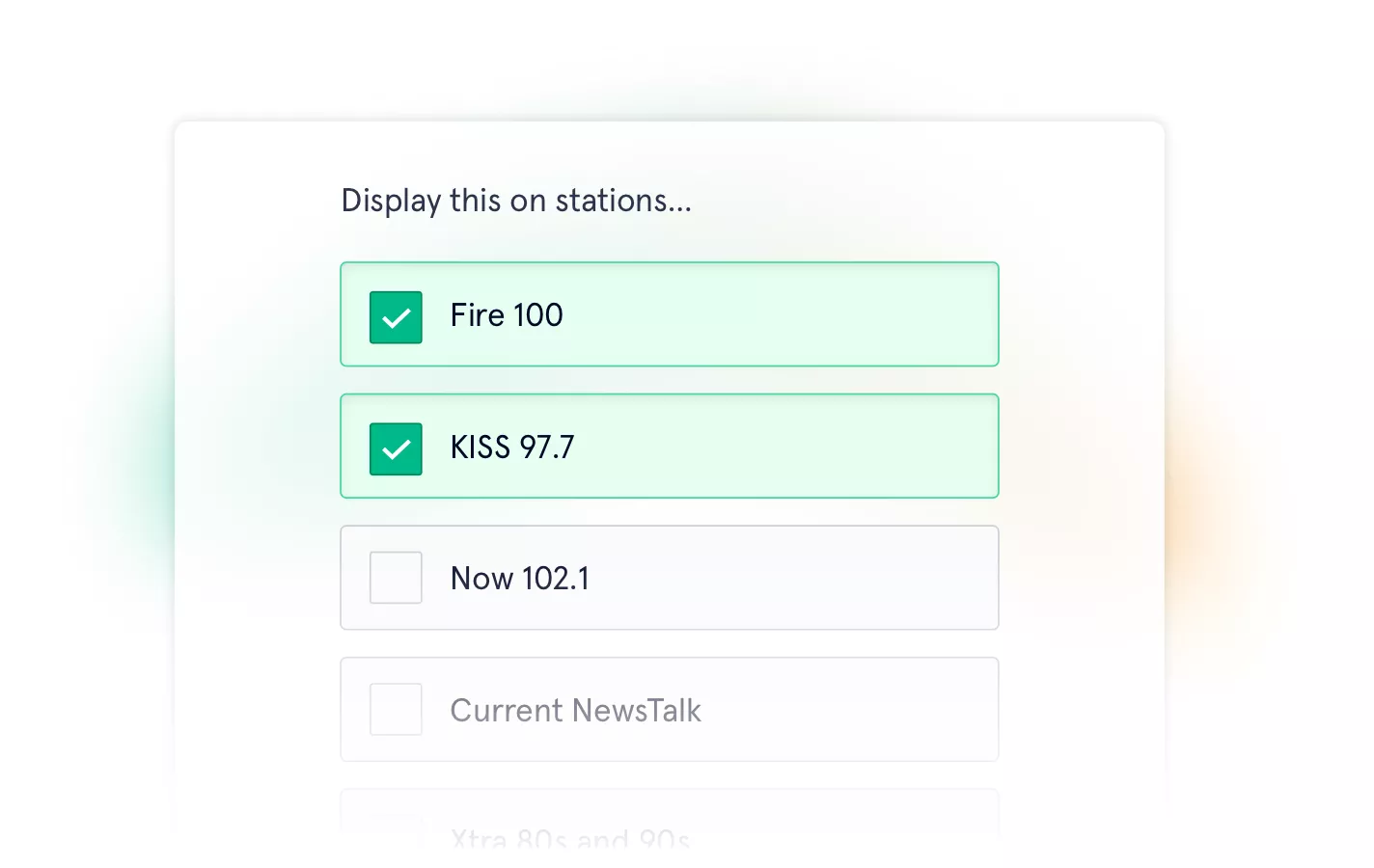 Close-up screenshot showing a form header 'Display this on stations'... followed by a list of station names and checkboxes.