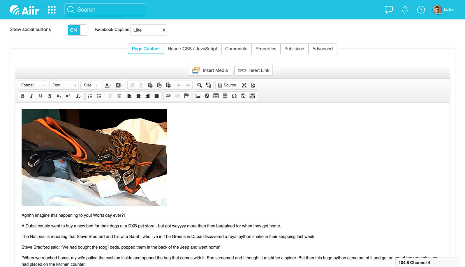 Screenshot of the Aiir CMS showing the article editor