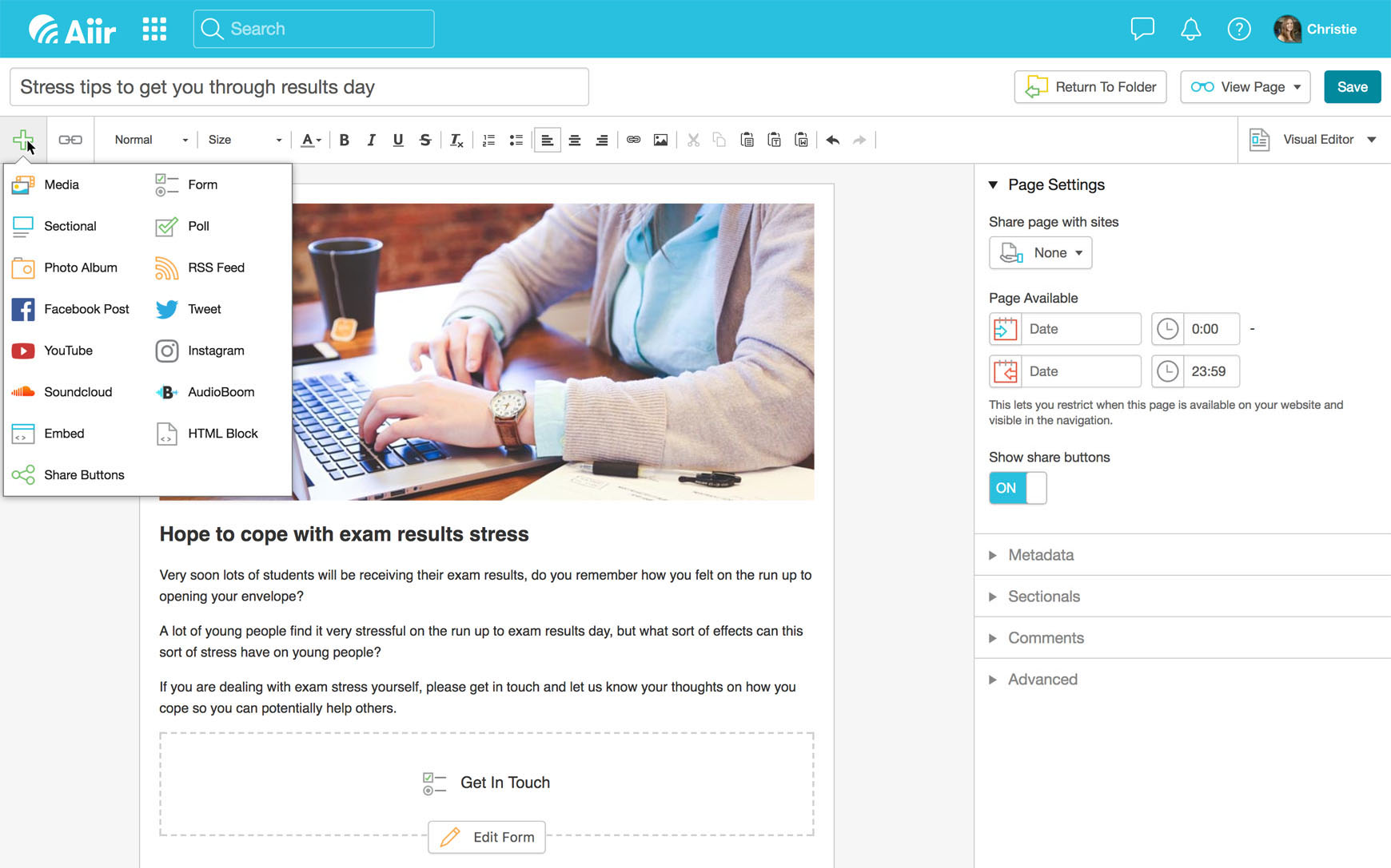 Screenshot of the Aiir CMS showing the article editor