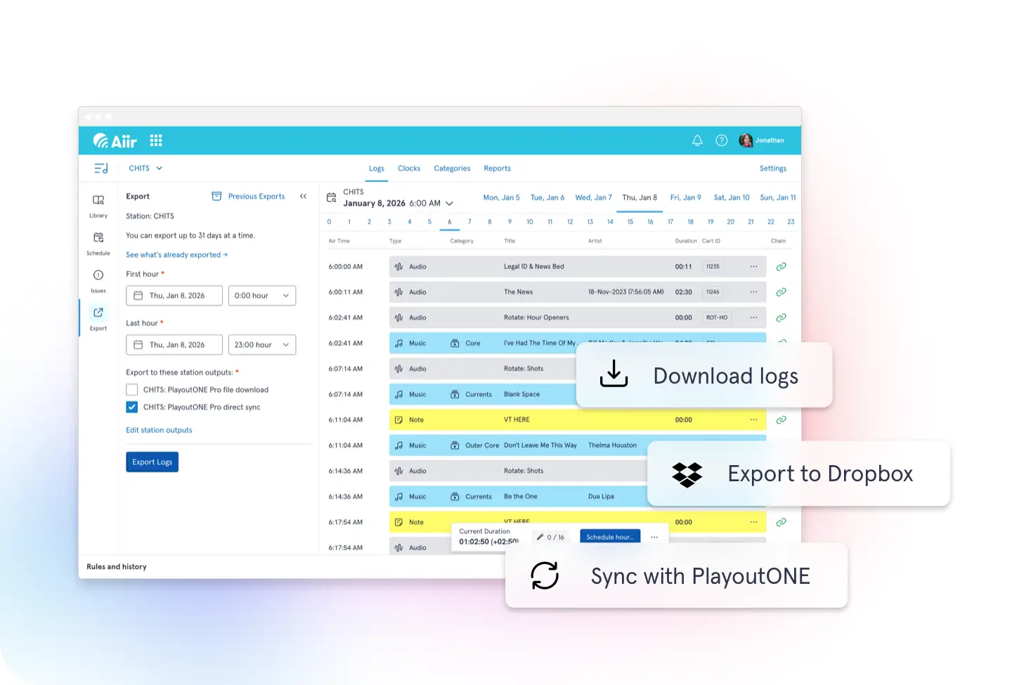 Screenshot of a generated log with export confirmation