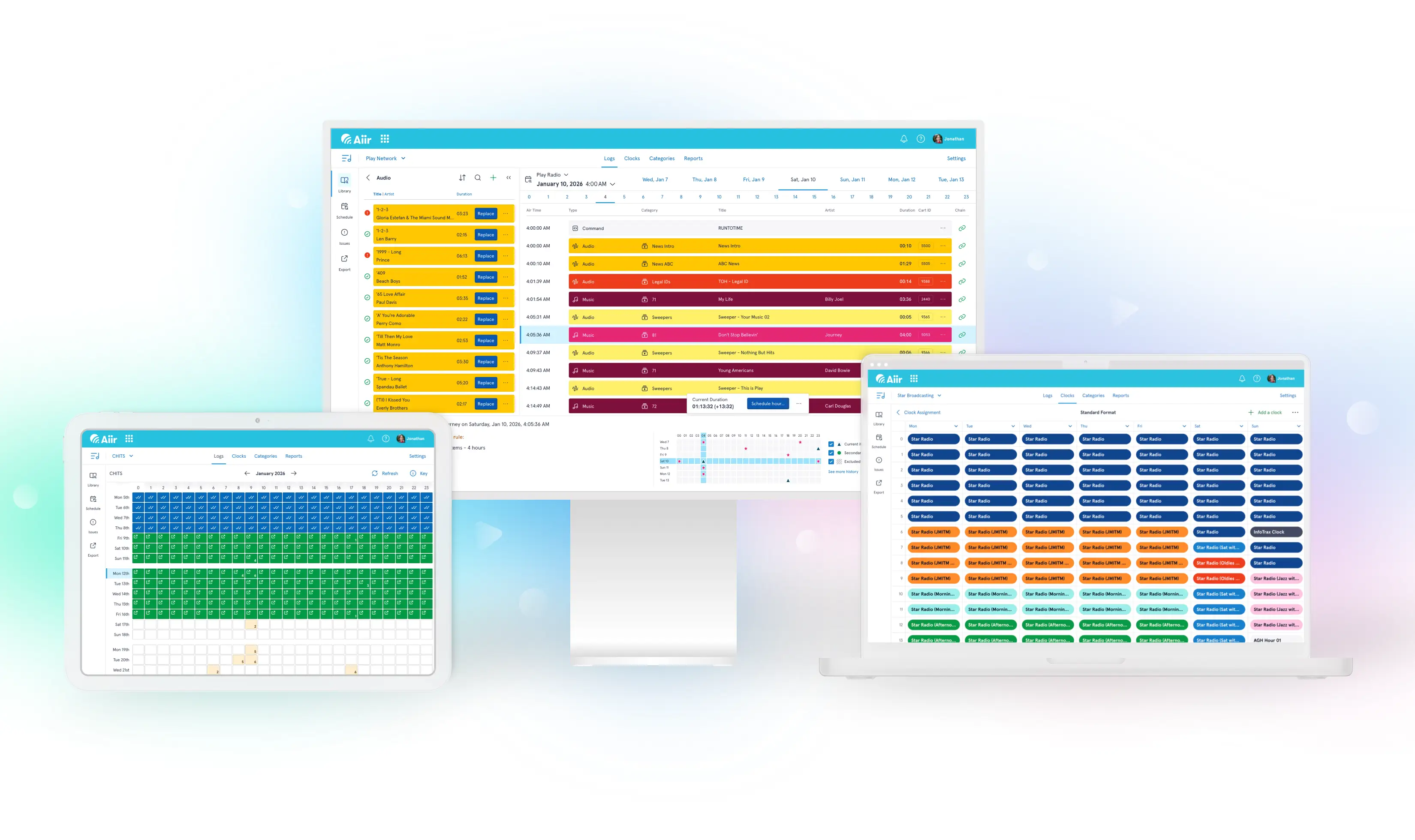Screenshot of the Aiir Scheduler on multiple devices, showing grid with different clocks added to a schedule grid
