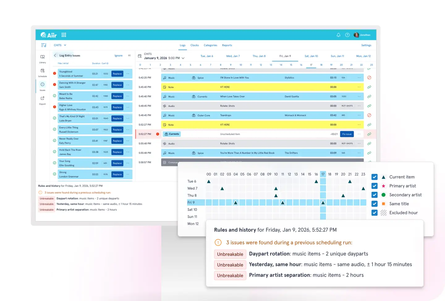 Screenshot of the log view with closeups of an item history grid and a list of issues found during a scheduling run