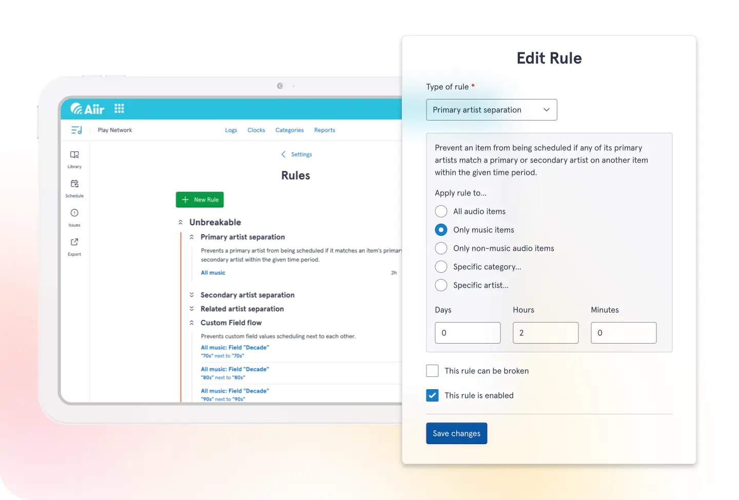 Screenshot of editing a rule for artist separation