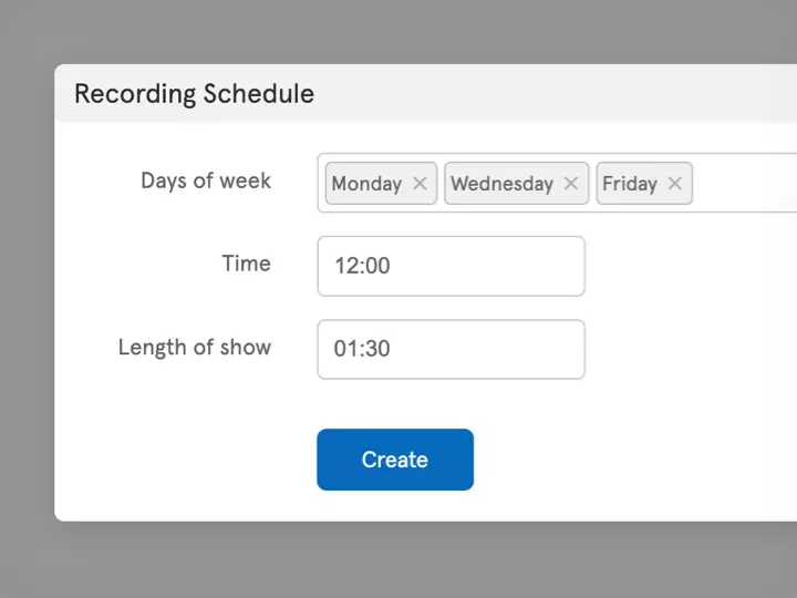 Screenshot of recording settings for day of week, start time and duration